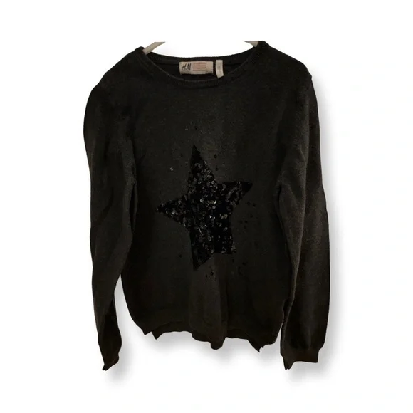 H&m US 8-10 Girls Long Sleeve Sweater Grey Gray With Black Sequin Star Detail - Picture 5 of 15